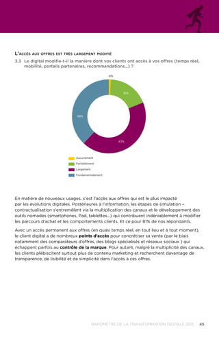45BAROMÈTRE de la transformation digitale 2015
En matière de nouveaux usages, c'est l'accès aux offres qui est le plus impacté
par les évolutions digitales. Postérieures à l'information, les étapes de simulation –
contractualisation s'entremêlent via la multiplication des canaux et le développement des
outils nomades (smartphones, Pad, tablettes…) qui contribuent indéniablement à modifier
les parcours d’achat et les comportements clients. Et ce pour 81% de nos répondants.
Avec un accès permanent aux offres (en quasi temps réel, en tout lieu et à tout moment),
le client digital a de nombreux points d’accès pour concrétiser sa vente (par le biais
notamment des comparateurs d’offres, des blogs spécialisés et réseaux sociaux ) qui
échappent parfois au contrôle de la marque. Pour autant, malgré la multiplicité des canaux,
les clients plébiscitent surtout plus de contenu marketing et recherchent davantage de
transparence, de lisibilité et de simplicité dans l'accès à ces offres.
3.3	 Le digital modifie-t-il la manière dont vos clients ont accès à vos offres (temps réel,
mobilité, portails partenaires, recommandations…) ?
38%
4%
18%
43%
Aucunement
Partiellement
Largement
Fondamentalement
L'accès aux offres est très largement modifié
 