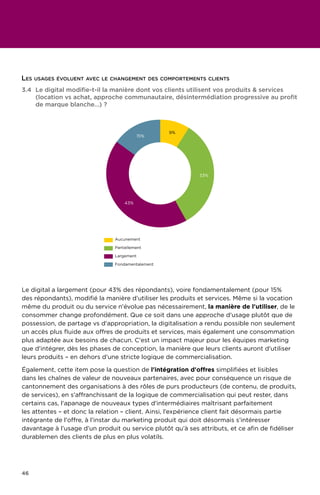 46
Le digital a largement (pour 43% des répondants), voire fondamentalement (pour 15%
des répondants), modifié la manière d’utiliser les produits et services. Même si la vocation
même du produit ou du service n'évolue pas nécessairement, la manière de l'utiliser, de le
consommer change profondément. Que ce soit dans une approche d'usage plutôt que de
possession, de partage vs d'appropriation, la digitalisation a rendu possible non seulement
un accès plus fluide aux offres de produits et services, mais également une consommation
plus adaptée aux besoins de chacun. C'est un impact majeur pour les équipes marketing
que d'intégrer, dès les phases de conception, la manière que leurs clients auront d'utiliser
leurs produits – en dehors d'une stricte logique de commercialisation.
Également, cette item pose la question de l'intégration d'offres simplifiées et lisibles
dans les chaînes de valeur de nouveaux partenaires, avec pour conséquence un risque de
cantonnement des organisations à des rôles de purs producteurs (de contenu, de produits,
de services), en s'affranchissant de la logique de commercialisation qui peut rester, dans
certains cas, l'apanage de nouveaux types d'intermédiaires maîtrisant parfaitement
les attentes – et donc la relation – client. Ainsi, l’expérience client fait désormais partie
intégrante de l'offre, à l’instar du marketing produit qui doit désormais s’intéresser
davantage à l’usage d’un produit ou service plutôt qu’à ses attributs, et ce afin de fidéliser
durablemen des clients de plus en plus volatils.
3.4	 Le digital modifie-t-il la manière dont vos clients utilisent vos produits  services
(location vs achat, approche communautaire, désintermédiation progressive au profit
de marque blanche…) ?
15%
9%
33%
43%
Aucunement
Partiellement
Largement
Fondamentalement
Les usages évoluent avec le changement des comportements clients
 