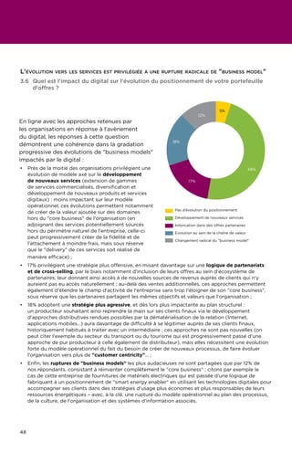 48
manière efficace) ;
•	 17% privilégient une stratégie plus offensive, en misant davantage sur une logique de partenariats
et de cross-selling, par le biais notamment d'inclusion de leurs offres au sein d'écosystème de
partenaires, leur donnant ainsi accès à de nouvelles sources de revenus auprès de clients qui n'y
auraient pas eu accès naturellement ; au-delà des ventes additionnelles, ces approches permettent
également d'étendre le champ d'activité de l'entreprise sans trop l'éloigner de son core business,
sous réserve que les partenaires partagent les mêmes objectifs et valeurs que l'organisation ;
•	 18% adoptent une stratégie plus agressive, et dès lors plus impactante au plan structurel :
un producteur souhaitant ainsi reprendre la main sur ses clients finaux via le développement
d'approches distributives rendues possibles par la dématérialisation de la relation (Internet,
applications mobiles…) aura davantage de difficulté à se légitimer auprès de ses clients finaux,
historiquement habitués à traiter avec un intermédiaire ; ces approches ne sont pas nouvelles (on
peut citer l'exemple du secteur du transport ou du tourisme qui est progressivement passé d'une
approche de pur producteur à celle également de distributeur), mais elles nécessitent une évolution
forte du modèle opérationnel du fait du besoin de créer de nouveaux processus, de faire évoluer
l'organisation vers plus de customer centricity… ;
•	 Enfin, les ruptures de business models les plus audacieuses ne sont partagées que par 12% de
nos répondants, consistant à réinventer complètement le core business ; citons par exemple le
cas de cette entreprise de fournitures de matériels électriques qui est passée d'une logique de
fabriquant à un positionnement de smart energy enabler en utilisant les technologies digitales pour
accompagner ses clients dans des stratégies d'usage plus économes et plus responsables de leurs
ressources énergétiques – avec, à la clé, une rupture du modèle opérationnel au plan des processus,
de la culture, de l'organisation et des systèmes d'information associés.
L'évolution vers les services est privilégiée à une rupture radicale de business model
3.6	Quel est l'impact du digital sur l'évolution du positionnement de votre portefeuille
d'offres ?
12%
18%
5%
48%
17%
Pas d’évolution du positionnement
Développement de nouveaux services
Imbrication dans des offres partenaires
Evolution au sein de la chaîne de valeur
Changement radical du business model
En ligne avec les approches retenues par
les organisations en réponse à l'avènement
du digital, les réponses à cette question
démontrent une cohérence dans la gradation
progressive des évolutions de business models
impactés par le digital :
•	 Près de la moitié des organisations privilégient une
évolution de modèle axé sur le développement
de nouveaux services (extension de gammes
de services commercialisés, diversification et
développement de nouveaux produits et services
digitaux) : moins impactant sur leur modèle
opérationnel, ces évolutions permettent notamment
de créer de la valeur ajoutée sur des domaines
hors du core business de l'organisation (en
adjoignant des services potentiellement sourcés
hors du périmètre naturel de l'entreprise, celle-ci
peut progressivement créer de la fidélité et de
l'attachement à moindre frais, mais sous réserve
que le delivery de ces services soit réalisé de
 