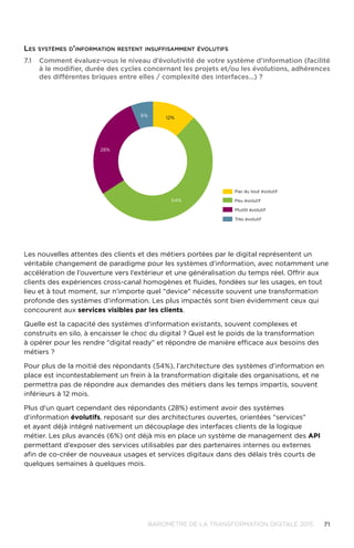 71BAROMÈTRE de la transformation digitale 2015
28%
6% 12%
54%
Pas du tout évolutif
Peu évolutif
Plutôt évolutif
Très évolutif
7.1	 Comment évaluez-vous le niveau d’évolutivité de votre système d'information (facilité
à le modifier, durée des cycles concernant les projets et/ou les évolutions, adhérences
des différentes briques entre elles / complexité des interfaces…) ?
Les systèmes d'information restent insuffisamment évolutifs
Les nouvelles attentes des clients et des métiers portées par le digital représentent un
véritable changement de paradigme pour les systèmes d'information, avec notamment une
accélération de l’ouverture vers l’extérieur et une généralisation du temps réel. Offrir aux
clients des expériences cross-canal homogènes et fluides, fondées sur les usages, en tout
lieu et à tout moment, sur n’importe quel device nécessite souvent une transformation
profonde des systèmes d'information. Les plus impactés sont bien évidemment ceux qui
concourent aux services visibles par les clients.
Quelle est la capacité des systèmes d'information existants, souvent complexes et
construits en silo, à encaisser le choc du digital ? Quel est le poids de la transformation
à opérer pour les rendre digital ready et répondre de manière efficace aux besoins des
métiers ?
Pour plus de la moitié des répondants (54%), l’architecture des systèmes d'information en
place est incontestablement un frein à la transformation digitale des organisations, et ne
permettra pas de répondre aux demandes des métiers dans les temps impartis, souvent
inférieurs à 12 mois.
Plus d'un quart cependant des répondants (28%) estiment avoir des systèmes
d'information évolutifs, reposant sur des architectures ouvertes, orientées services
et ayant déjà intégré nativement un découplage des interfaces clients de la logique
métier. Les plus avancés (6%) ont déjà mis en place un système de management des API
permettant d’exposer des services utilisables par des partenaires internes ou externes
afin de co-créer de nouveaux usages et services digitaux dans des délais très courts de
quelques semaines à quelques mois.
 