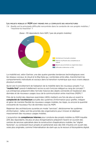 74
7.4	Quelle est la principale difficulté rencontrée dans la conduite de vos projets mobiles /
machine-to-machine ?
22%
16%
16%
46%
Architecture SI actuelle complexe
Maîtrise insuffisante des compétences en
interne
Besoins peu prioritaires au regard des enjeux
Difficultés à démontrer un ROI
(base : 115 répondants hors NSP / pas de projets mobiles)
La mobilité est, selon Gartner, une des quatre grandes tendances technologiques avec
les réseaux sociaux, le cloud et le Big Data qui, combinées entre elles, transforment les
comportements individuels et sociaux dans la transition numérique que nous vivons depuis
plusieurs années.
Qu’en est-il concrètement de l’adoption de la mobilité dans les nouveaux projets ? Le
mobile first prend-il réellement racine ou est-il encore relégué au rang de concept ?
Les entreprises préparent-elles l’arrivée massive des objets connectés et l’explosion des
données et de nouveaux usages issus de la communication entre machines (M2M) ?
Près de la moitié des réponses exprimées (46%) mettent une fois de plus en avant la
complexité de l’architecture actuelle des systèmes d'information pour greffer, intégrer
et gérer de manière flexible les nouveaux usages mobiles, les Apps, ou encore la quantité
croissante de nouveaux flux de données issus du M2M.
Repenser des architectures ouvertes en mode services, décloisonner les systèmes
d'information : telles sont les priorités des organisations pour innover et déployer
massivement des nouveaux usages mobiles.
L’acquisition de compétences internes pour conduire des projets mobiles ou M2M inquiète
22% des répondants. De plus en plus d’organisations préparent l’avenir en ouvrant des
centres de services spécialisés dans la construction d’applications mobiles, les digital
factories, ou conduisent leurs projets en partenariat avec des SSII. D’autres ont ouvert des
voies plus originales, comme l’internalisation de start-ups ou le recours à l’écosystème digital.
Les projets mobiles et M2M sont freinés par la complexité des architectures
 