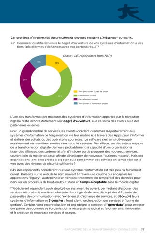 77BAROMÈTRE de la transformation digitale 2015
7.7	 Comment qualifieriez-vous le degré d'ouverture de vos systèmes d'information à des
tiers (plateformes d'échanges avec vos partenaires...) ?
46%
25%
11%
18%
Très peu ouvert / pas de projet
Faiblement ouvert
Partiellement ouvert
Très ouvert / nombreux projets
(base : 143 répondants hors NSP)
L’une des transformations majeures des systèmes d'information apportée par la révolution
digitale reste incontestablement leur degré d'ouverture, que ce soit à des clients ou à des
partenaires externes.
Pour un grand nombre de services, les clients accèdent désormais majoritairement aux
systèmes d'information de l’organisation via leur mobile et à travers des Apps pour s’informer
et réaliser des achats ou des opérations courantes. Le self-care s’est ainsi développé
massivement ces dernières années dans tous les secteurs. Par ailleurs, un des enjeux majeurs
de la transformation digitale demeure probablement la capacité d’une organisation à
tisser des alliances, des partenariat afin d’intégrer ou de proposer des nouveaux services,
souvent loin du métier de base, afin de développer de nouveaux business models. Mais nos
organisations sont-elles prêtes à exposer ou à consommer des services en temps réel sur le
web avec des niveaux de sécurité suffisants ?
64% des répondants considèrent que leur système d'information est très peu ou faiblement
ouvert. Présents sur le web, ils le sont souvent à travers une couche qui encapsule les
applications legacy, au dépend d’un véritable traitement en temps réel des données pour
dérouler un processus de bout-en-bout, dans un temps acceptable dans le monde digital.
11% déclarent cependant avoir déployé un système très ouvert, permettant d’exposer des
services sécurisés de manière cohérente. Ils ont généralement déployé des API, sorte de
passerelles de communication avec l’extérieur et d’échange de services, et découplé leurs
systèmes d'information en 3 couches : front client, orchestration des services et usine de
gestion. Certains vont encore plus loin et ont intégré le concept d’open-data, pour exposer
une partie des données de l’organisation à l’écosystème digital et favoriser ainsi l’innovation
et la création de nouveaux services et usages.
Les systèmes d'information insuffisamment ouverts freinent l'avènement du digital
 