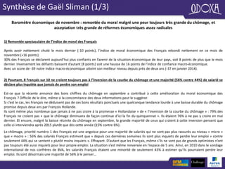 Synthèse de Gaël Sliman (1/3)
Baromètre économique de novembre : remontée du moral malgré une peur toujours très grande du chômage, et
acceptation très grande de réformes économiques assez radicales
1) Remontée spectaculaire de l’indice de moral des Français
Après avoir nettement chuté le mois dernier (-10 points), l’indice de moral économique des Français rebondi nettement en ce mois de
novembre (+16 points).
30% des Français se déclarent aujourd’hui plus confiants en l’avenir de la situation économique de leur pays, soit 8 points de plus que le mois
dernier. Inversement les défiants baissent d’autant (8 points) soit une hausse de 16 points de l’indice de confiance macro-économique.
Avec un score de -39 notre indice macro-économique atteint son meilleur niveau depuis près de deux ans (-37 en janvier 2014).
2) Pourtant, 8 Français sur 10 ne croient toujours pas à l’inversion de la courbe du chômage et une majorité (56% contre 44%) de salarié se
déclare plus inquiète que jamais de perdre son emploi
Est-ce que la récente annonce des bons chiffres du chômage en septembre a contribué à cette amélioration du moral économique des
Français ? Difficile de le dire, même si la concomitance des deux informations peut le suggérer.
Si c’est le cas, les Français ne déduisent pas de ces bons résultats ponctuels une quelconque tendance lourde à une baisse durable du chômage
promise depuis deux ans par François Hollande.
Ils sont même plus nombreux que jamais à ne pas croire à la promesse « Hollandaise » de « l’inversion de la courbe du chômage » : 79% des
Français ne croient pas « que le chômage diminuera de façon continue d’ici la fin du quinquennat ». Ils étaient 76% à ne pas y croire en mai
dernier. Et encore, malgré la baisse récente du chômage en septembre, la grande majorité de ceux qui croient à cette inversion pensent que
celle-ci interviendra après 2015 plutôt que dès cette année (15% contre 6%).
Le chômage, priorité numéro 1 des Français est une angoisse pour une majorité de salariés qui ne sont pas plus rassurés au niveau « micro »
que « macro » : 56% des salariés Français estiment que « depuis ces dernières semaines ils sont plus inquiets de perdre leur emploi » contre
seulement 44% qui se sentent « plutôt moins inquiets ». Effrayant. D’autant que les Français, même s’ils ne sont pas de grands optimistes n’ont
pas toujours été aussi inquiets pour leur propre emploi. La situation s’est même renversée en l’espace de 5 ans. Ainsi, en 2010 dans le sondage
international de nos confrères de BVA, les salariés Français étaient une minorité de seulement 43% à estimer qu’ils pourraient perdre leur
emploi. Ils sont désormais une majorité de 56% à le penser…
 