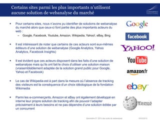 18/03/2014Baromètre S1 2014 des outils de webanalyse
Certains sites parmi les plus importants n’utilisent
aucune solution de webanalyse du marché
 Pour certains sites, nous n’avons pu identifier de solutions de webanalyse
du marché alors que ceux-ci font partie des plus importants acteurs du
web :
– Google, Facebook, Youtube, Amazon, Wikipedia, Yahoo!, eBay, Bing
 Il est intéressant de noter que certains de ces acteurs sont eux-mêmes
éditeurs d’une solution de webanalyse (Google Analytics, Yahoo
Analytics, Facebook Insights)
 Il est évident que ces acteurs disposent dans les faits d’une solution de
webanalyse mais qu’ils ont fait le choix d’utiliser une solution maison
(vraisemblablement adaptée de la solution grand public pour Google,
Yahoo et Facebook)
 Le cas de Wikipedia est à part dans la mesure où l’absence de tracking
des visiteurs est la conséquence d’un choix idéologique de la fondation
Wikimedia
 Parmi les e-commerçants, Amazon et eBay ont également développé en
interne leur propre solution de tracking afin de pouvoir l’adapter
précisément à leurs besoins et ne pas dépendre d’une solution éditée par
un concurrent
 