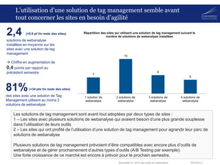 18/03/2014Baromètre S1 2014 des outils de webanalyse
L’utilisation d’une solution de tag management semble avant
tout concerner les sites en besoin d’agilité
2,4
solutions de webanalyse
installées en moyenne sur les
sites avec une solution de tag
management
 Chiffre en augmentation de
0,4 points par rapport au
précédent semestre
Les solutions de tag management sont avant tout adoptées par deux types de sites :
1 – Les sites avec plusieurs solutions de webanalyse qui avaient besoin d’une plus grande souplesse
dans l’utilisation de leurs outils
2 – Les sites qui ont profité de l’utilisation d’une solution de tag management pour agrandir leur parc de
solutions de webanalyse
Plusieurs solutions de tag management prévoient d’être compatibles avec encore plus d’outils de
webanalyse et de gérer prochainement d’autres types d’outils (A/B Testing par exemple).
Une forte croissance de ce marché est encore à prévoir pour le prochain semestre.
7
15
8
6
1 solution de
webanalyse
2 solutions de
webanalyse
3 solutions de
webanalyse
4 solutions de
webanalyse
Répartition des sites qui utilisent une solution de tag management suivant le
nombre de solutions de webanalyse installées
(+0,9 pt Vs reste des sites)
81%
des sites avec une solution de Tag
Management utilisent au moins 2
solutions de webanalyse
(+34 pts Vs reste des sites)
 