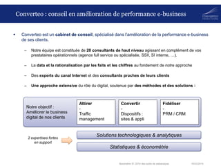 18/03/2014Baromètre S1 2014 des outils de webanalyse
 Converteo est un cabinet de conseil, spécialisé dans l’amélioration de la performance e-business
de ses clients.
– Notre équipe est constituée de 20 consultants de haut niveau agissant en complément de vos
prestataires opérationnels (agence full service ou spécialisée, SSII, SI interne, …).
– La data et la rationalisation par les faits et les chiffres au fondement de notre approche
– Des experts du canal Internet et des consultants proches de leurs clients
– Une approche extensive du rôle du digital, soutenue par des méthodes et des solutions :
Notre objectif :
Améliorer le business
digital de nos clients
Statistiques & économétrie
Solutions technologiques & analytiques
Attirer
-
Traffic
management
Convertir
-
Dispositifs :
sites & appli
Fidéliser
-
PRM / CRM
Converteo : conseil en amélioration de performance e-business
2 expertises fortes
en support
 