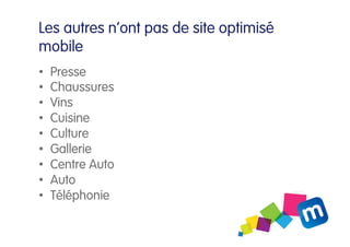 Les fonctionnalités les plus présentes sur
les sites mobiles étudiés

Lien vers site complet             63%


     Réseau...
