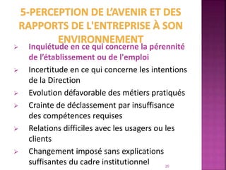  Inquiétude en ce qui concerne la pérennité
de l’établissement ou de l'emploi
 Incertitude en ce qui concerne les intentions
de la Direction
 Evolution défavorable des métiers pratiqués
 Crainte de déclassement par insuffisance
des compétences requises
 Relations difficiles avec les usagers ou les
clients
 Changement imposé sans explications
suffisantes du cadre institutionnel 20
 