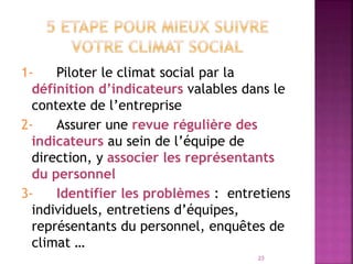 1- Piloter le climat social par la
définition d’indicateurs valables dans le
contexte de l’entreprise
2- Assurer une revue régulière des
indicateurs au sein de l’équipe de
direction, y associer les représentants
du personnel
3- Identifier les problèmes : entretiens
individuels, entretiens d’équipes,
représentants du personnel, enquêtes de
climat …
23
 