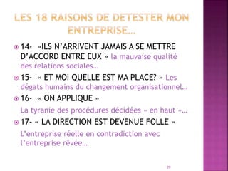  14- »ILS N’ARRIVENT JAMAIS A SE METTRE
D’ACCORD ENTRE EUX » la mauvaise qualité
des relations sociales…
 15- « ET MOI QUELLE EST MA PLACE? » Les
dégats humains du changement organisationnel…
 16- « ON APPLIQUE »
La tyranie des procédures décidées » en haut »…
 17- « LA DIRECTION EST DEVENUE FOLLE »
L’entreprise réelle en contradiction avec
l’entreprise rêvée…
29
 