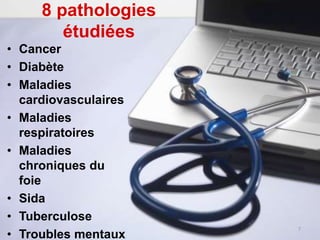 8 pathologies
étudiées
• Cancer
• Diabète
• Maladies
cardiovasculaires
• Maladies
respiratoires
• Maladies
chroniques du
foie
• Sida
• Tuberculose
• Troubles mentaux
7
 