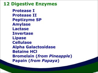 12 Digestive Enzymes
   Protease I
   Protease II
   Peptizyme SP
   Amylase
   Lactase
   Invertase
   Lipase
   Cellulase
   Alpha Galactosidase
   Betaine HCl
   Bromelain (from Pineapple)
   Papain (from Papaya)
 