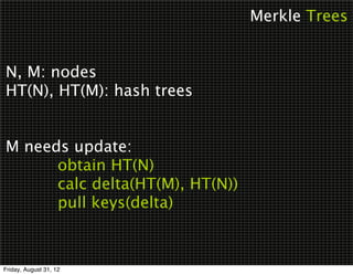 Merkle Trees


N, M: nodes
HT(N), HT(M): hash trees


M needs update:

 
 
 obtain HT(N)

 
 
 calc delta(HT(M), HT(N))

 
 
 pull keys(delta)



Friday, August 31, 12
 