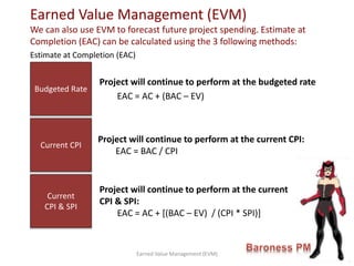 Earned Value Management (EVM)
We can also use EVM to forecast future project spending. Estimate at
Completion (EAC) can be calculated using the 3 following methods:
Project will continue to perform at the budgeted rate
EAC = AC + (BAC – EV)
Budgeted Rate
Current CPI
Current
CPI & SPI
Project will continue to perform at the current CPI:
EAC = BAC / CPI
Project will continue to perform at the current
CPI & SPI:
EAC = AC + [(BAC – EV) / (CPI * SPI)]
Earned Value Management (EVM)
Estimate at Completion (EAC)
 
