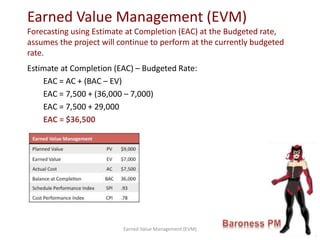 Estimate at Completion (EAC) – Budgeted Rate:
EAC = AC + (BAC – EV)
EAC = 7,500 + (36,000 – 7,000)
EAC = 7,500 + 29,000
EAC = $36,500
Earned Value Management (EVM)
Forecasting using Estimate at Completion (EAC) at the Budgeted rate,
assumes the project will continue to perform at the currently budgeted
rate.
Earned Value Management (EVM)
 