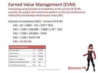 Estimate at Completion (EAC) – Current CPI & SPI
EAC = AC + [(BAC – EV) / (CPI * SPI)]
EAC = 7,500 + [(36,000 – 7,000) / (.78 * .93)]
EAC = 7,500 + [29,000 / .7254]
EAC = 7,500 + 39,977.94
EAC = 47,477.94
Earned Value Management (EVM)
Forecasting using Estimate at Completion at the current CPI & SPI,
assumes the project will continue to perform at the Cost Performance
Index (CPI) and Schedule Performance Index (SPI)
Earned Value Management (EVM)
 