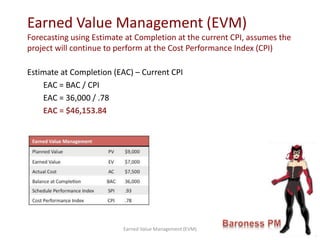 Estimate at Completion (EAC) – Current CPI
EAC = BAC / CPI
EAC = 36,000 / .78
EAC = $46,153.84
Earned Value Management (EV...