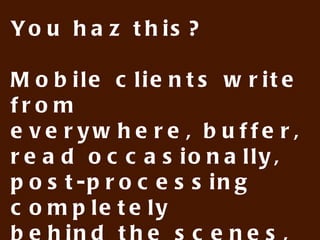 You haz this:

Your user. Totally drunk in
a football stadium. Just
wants to inform the world
that Ronaldo has scored a
goal. Shaking hand, lots of
typos and confusion.
 