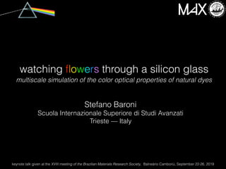 Stefano Baroni
Scuola Internazionale Superiore di Studi Avanzati
Trieste — Italy
watching flowers through a silicon glass
multiscale simulation of the color optical properties of natural dyes
keynote talk given at the XVIII meeting of the Brazilian Materials Research Society, Balneário Camboriú, September 22-26, 2019
 