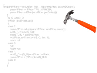...
for (paramFiber = recursion1.doit__1(paramEProc, paramEObject);
          paramFiber == EProc.TAIL_MARKER;
          paramFiber = (EFun)localFiber.getCallee())
     {
       S_O localS_O;
       switch (localFiber.up())
       {
       case 2:
         paramEProc.tail.go(paramEProc, localFiber.down());
         localS_O = new S_O();
         localS_O.f0 = paramEProc;
         localFiber.setState(localS_O, this, 1);
         return null;
       case 3:
         null;
         return null;
       case 1:
         localS_O = (S_O)localFiber.curState;
         paramEProc = (EProc)localS_O.f0;
       case 0:
       }
     }
...
 