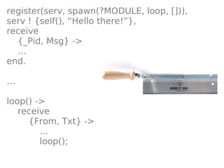 register(serv, spawn(?MODULE, loop, [])),
serv ! {self(), “Hello there!”},
receive
  {_Pid, Msg} ->
  …
end.

…

loop() ->
   receive
     {From, Txt} ->
        …
        loop();
 