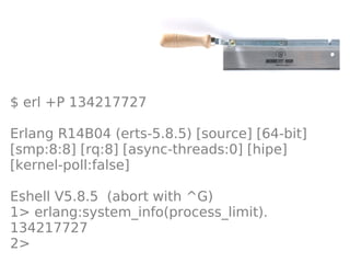 $ erl +P 134217727

Erlang R14B04 (erts-5.8.5) [source] [64-bit]
[smp:8:8] [rq:8] [async-threads:0] [hipe]
[kernel-poll:false]

Eshell V5.8.5 (abort with ^G)
1> erlang:system_info(process_limit).
134217727
2>
 