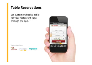 Table Reservations
Let customers book a table
for your restaurant right
through the app.
Supported platforms:
 