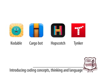 Introducing coding concepts, thinking and language
Cargo botKodable TynkerHopscotch
 
