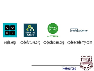 Resources
code.org codefuture.org codeclubau.org codeacademy.com
 