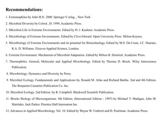 Recommendations:
1. Extremophiles by Johri B.N. 2000. Springer V erlag. , New York
2. Microbial Diversity by Colwd , D. 1999, Academic Press.
3. MIcrobial Life in Extreme Environments. Edited by D. J. Kushner. Academic Press.
4. Microbiology of Extreme Environments. Edited by Clive Edward. Open University Press. Milton Keynes.
5. Microbiology of Extreme Environments and its potential for Biotechnology. Edited by M.S. Da Costa, J.C. Duarate,
R.A. D. Williams. Elsiever Applied Science, London.
6. Extreme Environment. Mechanism of Microbial Adaptation. Edited by Milton R. Heinrich. Academic Press.
7. Thermophiles. General, Molecular and Applied Microbiology. Edited by Thomas D. Brock. Wiley Interscience
Publication.
8. Microbiology: Dynamics and Diversity by Perry.
9. Microbial Ecology. Fundamentals and Applications by. Ronald M. Atlas and Richard Bartha. 2nd and 4th Edition.
The Benjamin Cummins Publication Co. Inc.
10. Microbial Ecology. 2nd Edition. by R. Campbell. Blackwell Scientifc Publication.
11. Brocks Biology of Microorganisms. 8th Edition. (International Edition - 1997) by Michael T. Madigan, John M.
Martinko. Jack Parker. Prentice Hall Internation Inc.
12. Advances in Applied Microbiology. Vol. 10. Edited by Wayne W. Umbreit and D. Pearlman. Academic Press.
 