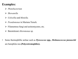Examples:
 Photobacterium
 Shewanella
 Colwellia and Motiella.
 Pseudomonas in Mariana Trench.
 Filamentous fungi and actinomycetes, etc.
 Barotolerant Alteromonas sp.
• Some thermophillic archae such as Pyrococcus spp., Methanococcus jannaschii
are barophiles too.(Polyextremophiles).
 