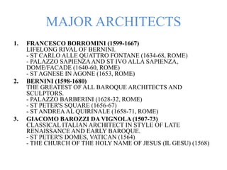 MAJOR ARCHITECTS
1. FRANCESCO BORROMINI (1599-1667)
LIFELONG RIVAL OF BERNINI.
- ST CARLO ALLE QUATTRO FONTANE (1634-68, ROME)
- PALAZZO SAPIENZAAND ST IVO ALLA SAPIENZA,
DOME/FACADE (1640-60, ROME)
- ST AGNESE IN AGONE (1653, ROME)
2. BERNINI (1598-1680)
THE GREATEST OF ALL BAROQUE ARCHITECTS AND
SCULPTORS.
- PALAZZO BARBERINI (1628-32, ROME)
- ST PETER'S SQUARE (1656-67)
- ST ANDREAAL QUIRINALE (1658-71, ROME)
3. GIACOMO BAROZZI DA VIGNOLA (1507-73)
CLASSICAL ITALIAN ARCHITECT IN STYLE OF LATE
RENAISSANCE AND EARLY BAROQUE.
- ST PETER'S DOMES, VATICAN (1564)
- THE CHURCH OF THE HOLY NAME OF JESUS (IL GESU) (1568)
 