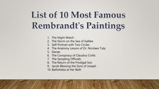 1. The Night Watch
2. The Storm on the Sea of Galilee
3. Self-Portrait with Two Circles
4. The Anatomy Lesson of Dr. Nicolaes Tulp
5. Danae
6. The Conspiracy of Claudius Civilis
7. The Sampling Officials
8. The Return of the Prodigal Son
9. Jacob Blessing the Sons of Joseph
10. Bathsheba at Her Bath
 