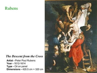 Rubens The Descent from the Cross Artist -  Peter Paul Rubens Year -  1612-1614 Type -  Oil on panel Dimensions -  420.5 cm × 320 cm 