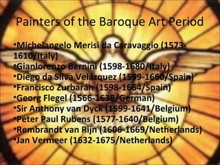 Painters of the Baroque Art Period
•Michelangelo Merisi da Caravaggio (1573-
1610/Italy)
•Gianlorenzo Bernini (1598-1680/Italy)
•Diego da Silva Velázquez (1599-1660/Spain)
•Francisco Zurbarán (1598-1664/Spain)
•Georg Flegel (1566-1638/German)
•Sir Anthony van Dyck (1599-1641/Belgium)
•Peter Paul Rubens (1577-1640/Belgium)
•Rembrandt van Rijn (1606-1669/Netherlands)
•Jan Vermeer (1632-1675/Netherlands)
 