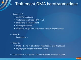 Traitement	OMA	barotraumatique
35
– Stades	1-2-3	:	
• Anti-inflammatoires	
• Traitement	local	nasal	:	DRP	et	VC	
• Fluidif...
