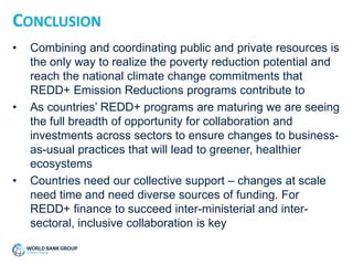 CONCLUSION
• Combining and coordinating public and private resources is
the only way to realize the poverty reduction potential and
reach the national climate change commitments that
REDD+ Emission Reductions programs contribute to
• As countries’ REDD+ programs are maturing we are seeing
the full breadth of opportunity for collaboration and
investments across sectors to ensure changes to business-
as-usual practices that will lead to greener, healthier
ecosystems
• Countries need our collective support – changes at scale
need time and need diverse sources of funding. For
REDD+ finance to succeed inter-ministerial and inter-
sectoral, inclusive collaboration is key
 