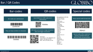 Bar / QR Codes
www.globibo.com
1234567812345678
GlobiboGlobibo
Bar-codes are 1 dimensional
They can keep numbers or characters
Bar-codes QR-codes
Globibo
Quick Reference (QR) codes are 2
dimensional
QR Codes can contain a large amount of
data and trigger transaction
Send Email:
Email Address : info.us@globibo.com
Subject : QR Codes are Cool
Body : Hello. QR Codes are Cool
Some applications for QR Codes
App Store Download
Attendance Tracking
Bitcoin
Contact Details
Digital Business Card
Dropbox
Email Address
Email Message
Event (VCALENDAR)
Facebook
FourSquare
Google Maps Location
Image File
Instagram
iTunes Link
LinkedIn
Paypal Buy Now Link
PDF File
Plain Text
Skype Call
SMS Message
Telephone Number
Twitter
Website URL
Wifi Login
YouTube Video
Special codes
Many special code formats exist
PDF417
Special codes often implement
industry standard with pre-
defined fields and parameters
 