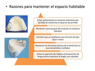 • Razones para mantener el espacio habitable
Evitar apiñamiento en sectores anteriores por
pérdida de diastemas y espacios de primate
Mantener correcta guía de erupción en sectores
laterales
Permitir que se establezca una oclusión de tipo
clase I molar
Mantener las funciones básicas de la dentición en
caso de pérdidas múltiples
Evitar la aparición de hábitos (interposición de
lengua entre maxilares al tragar, por ejemplo
 