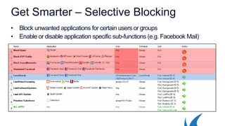 Get Smarter – Selective Blocking
• Block unwanted applications for certain users or groups
• Enable or disable application specific sub-functions (e.g. Facebook Mail)
 