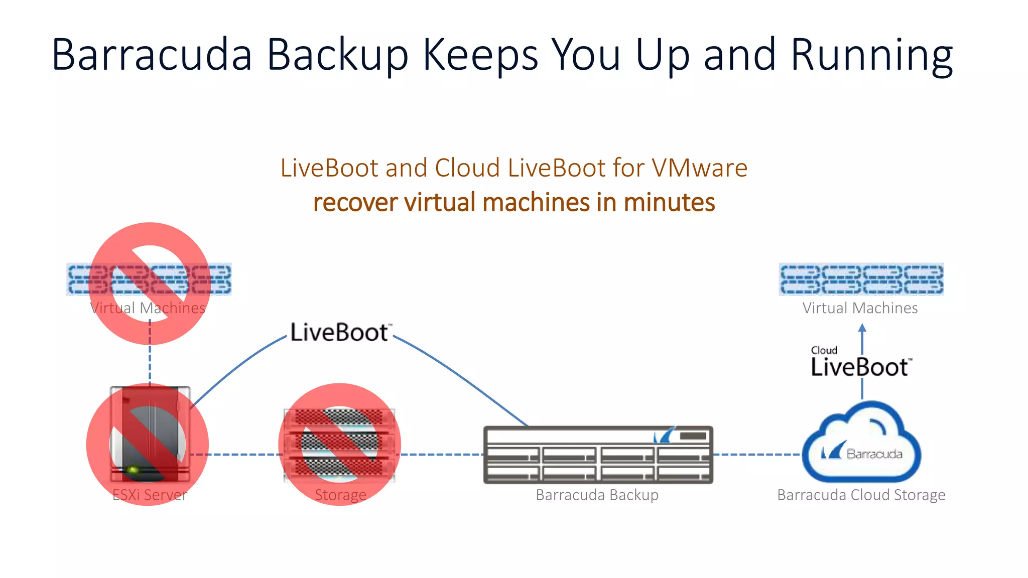 Barracuda Backup Keeps You Up and Running
LiveBoot and Cloud LiveBoot for VMware
recover virtual machines in minutes
Virtual Machines
Storage Barracuda Backup Barracuda Cloud Storage
Virtual Machines
ESXi Server
 