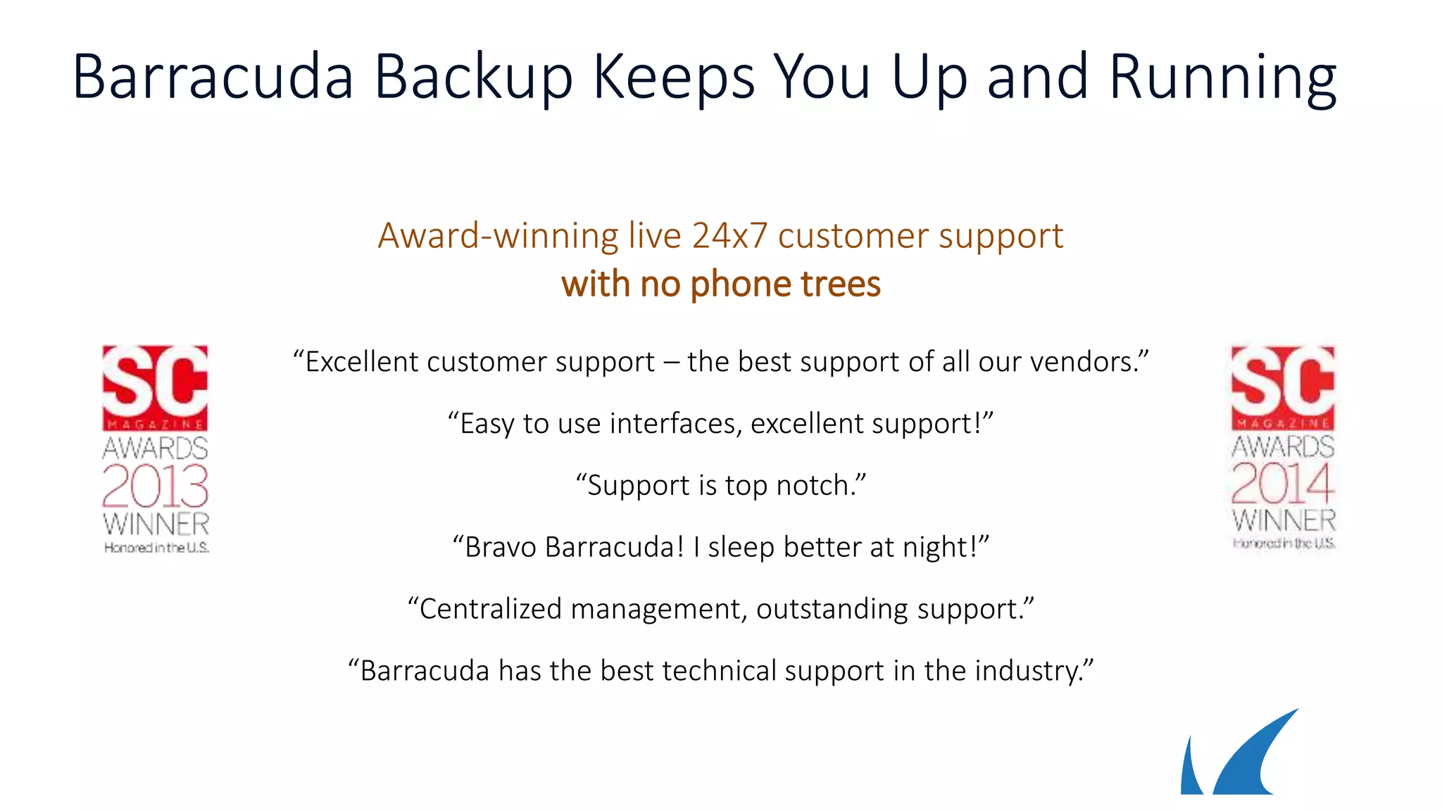 Barracuda Backup Keeps You Up and Running
Award-winning live 24x7 customer support
with no phone trees
“Easy to use interfaces, excellent support!”
“Centralized management, outstanding support.”
“Barracuda has the best technical support in the industry.”
“Bravo Barracuda! I sleep better at night!”
“Excellent customer support – the best support of all our vendors.”
“Support is top notch.”
 