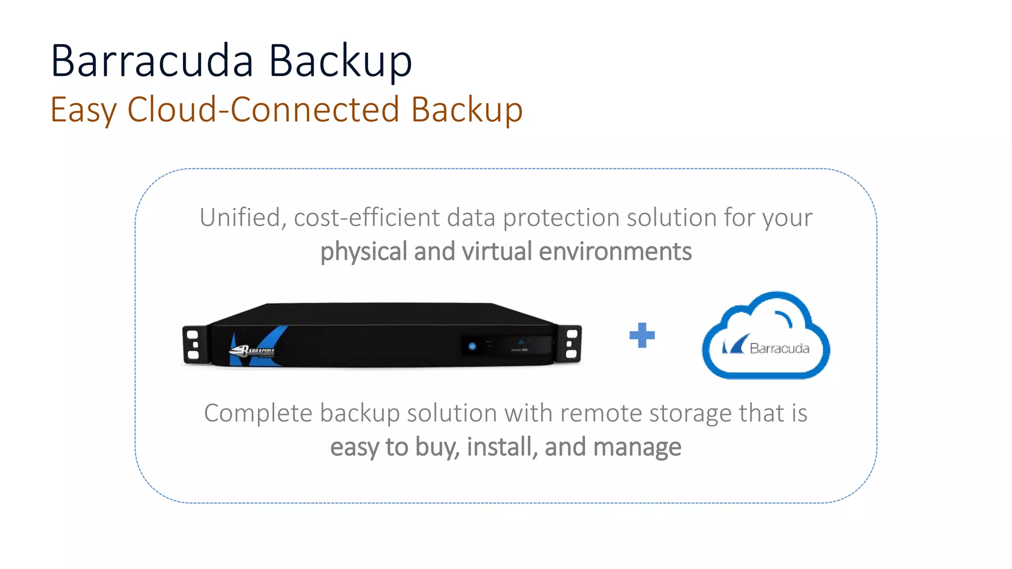 Complete backup solution with remote storage that is
easy to buy, install, and manage
Unified, cost-efficient data protection solution for your
physical and virtual environments
Barracuda Backup
Easy Cloud-Connected Backup
 