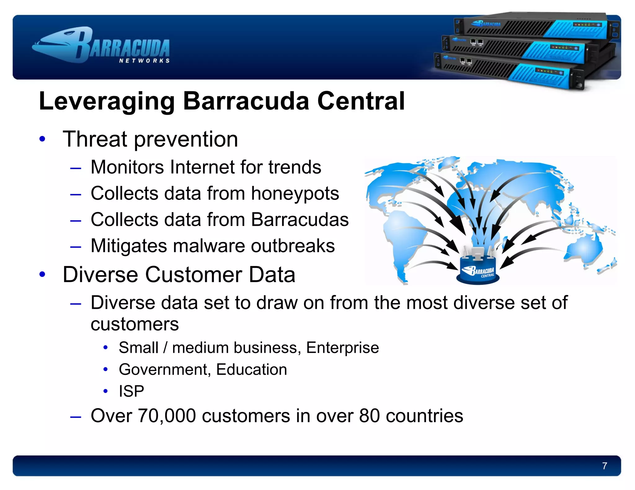 Threat prevention Monitors Internet for trends Collects data from honeypots Collects data from Barracudas Mitigates malware outbreaks Diverse Customer Data Diverse data set to draw on from the most diverse set of customers Small / medium business, Enterprise Government, Education ISP Over 70,000 customers in over 80 countries Leveraging Barracuda Central 