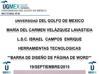 UNIVERSIDAD DEL GOLFO DE MEXICO
MARÍA DEL CARMEN VELÁZQUEZ LAVASTIDA
L.S.C. ISRAEL CAMPOS ENRIQUE
HERRAMIENTAS TECNOLOGICAS
**BARRA DE DISEÑO DE PÁGINA DE WORD**
19/SEPTIEMBRE/2015
 