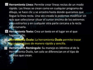 Herramienta Línea: Permite crear líneas rectas de un modo rápido. Las líneas se crean como en cualquier programa de dibujo, se hace clic y se arrastra hasta donde queramos que llegue la línea recta. Una vez creada la podemos modificar sin más que seleccionar situar el cursor encima de los extremos para estirarlos y en cualquier otra parte cercana a la recta para curvarla.Herramienta Texto: Crea un texto en el lugar en el que hagamos clic.Herramienta Óvalo: La herramienta Óvalo permite trazar círculos o elipses de manera rápida y sencilla. Herramienta Rectángulo: Su manejo es idéntico al de la Herramienta Óvalo, tan solo se diferencian en el tipo de objetos que crean.