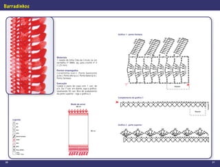 Barradinhos



                                                                            Gráfico 1 - ponto fantasia




                          Materiais
                          1 novelo de linha Cléa da Círculo na cor
                          vermelha nº 9840; ag. para crochê nº 3
                          (1,25 mm).

                          Pontos empregados
                          Correntinha (corr.). Ponto baixíssimo
                          (p.bx.). Ponto alto (p.a.). Ponto baixo (p.b.).
                          Ponto fantasia.

                          Execução
                          Caseie o pano de copa com 1 carr. de                                           Repete
                          p.b. Da 1ª carr. em diante, siga o gráﬁco,
                          totalizando 92 carr. Bico de acabamento
                          da parte superior - siga o gráﬁco 2.
                                                                            Complemento do gráfico 1


                                          Modo de armar




                                                                                                                           Caseado
                                                48 cm

                                                                                                                  Repete



     Legenda
        p.a
                                                                            Gráfico 2 - parte superior
        p.b.

        corr.
                                                                 66 cm
        p.bx.

        ponto fantasia

        início

        rem.

        picô

        4 p.a. juntos
        1 p.a.,
        1 corr., 1 p.a.




20                                                                                                                                   21
 