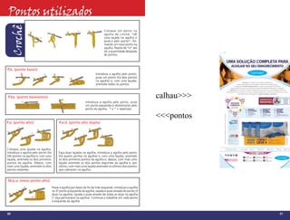 Pontos utilizados
               Corr. (correntinha)
  Crochê
                                                                             Coloque um ponto na
                                                                             agulha de crochê, *dê
                                                                             uma laçada na agulha e
                                                                             puxe-a pelo ponto*, for-
                                                                             mando um novo ponto na
                                                                             agulha. Repita de *a* até
                                                                             ter a quantidade desejada
                                                                             de pontos.



P.b. (ponto baixo)
                                                                       Introduza a agulha pelo ponto,
                                                                       puxe um ponto (há dois pontos
                                                                       na agulha) e, com uma laçada,
                                                                       arremate todos os pontos.



P.bx. (ponto baixíssimo)                                                                                   calhau>>>
                                                               Introduza a agulha pelo ponto, puxe
                                                               um ponto passando-o diretamente pelo
                                                               ponto da agulha. * a * = repetição.

                                                                                                           <<<pontos
P.a. (ponto alto)                         P.a.d. (ponto alto duplo)




Coloque uma laçada na agulha,
introduza a agulha pelo ponto (há         Faça duas laçadas na agulha, introduza a agulha pelo ponto
três pontos na agulha) e, com uma         (há quatro pontos na agulha) e, com uma laçada, arremate
laçada, arremate os dois primeiros        os dois primeiros pontos da agulha e, depois, com mais uma
pontos da agulha. Depois, com             laçada arremate os dois pontos seguintes da agulha e, por
mais uma laçada, arremate os dois         último, com mais uma laçada arremate os últimos dois pontos
pontos restantes.                         que sobraram na agulha.


M.p.a. (meio ponto alto)
                                     Passe a agulha por baixo do ﬁo da mão esquerda, introduza a agulha
                                     no 3º ponto à esquerda da agulha, laçada e puxe através do ponto (3
                                     alças na agulha), laçada e puxe através de todas as alças na agulha
                                     (1 alça permanece na agulha). Continue a trabalhar em cada ponto
                                     à esquerda da agulha.



30                                                                                                                     31
 