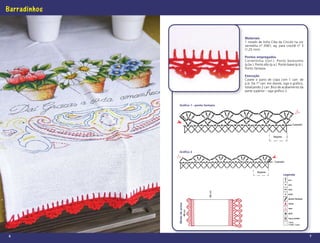 Barradinhos


                                              Materiais
                                              1 novelo de linha Cléa da Círculo na cor
                                              vermelha nº 3581; ag. para crochê nº 3
                                              (1,25 mm).

                                              Pontos empregados
                                              Correntinha (corr.). Ponto baixíssimo
                                              (p.bx.). Ponto alto (p.a.). Ponto baixo (p.b.).
                                              Ponto fantasia.

                                              Execução
                                              Caseie o pano de copa com 1 carr. de
                                              p.b. Da 1ª carr. em diante, siga o gráﬁco,
                                              totalizando 2 carr. Bico de acabamento da
                                              parte superior - siga gráﬁco 2.



                Gráfico 1 - ponto fantasia




                                                                                        Caseado



                                                                     Repete




                Gráfico 2


                                                                     Caseado



                                                        Repete
                                                                              Legenda
                                                                                 p.a

                                                                                 p.b.

                                                                                 corr.




                                      66 cm
                                                                                 p.bx.

                                                                                 ponto fantasia
              Modo de armar




                                                                                 início

                                                                                 rem.
                              48 cm




                                                                                 picô

                                                                                 4 p.a. juntos
                                                                                 1 p.a.,
                                                                                 1 corr., 1 p.a.




6                                                                                                  7
 