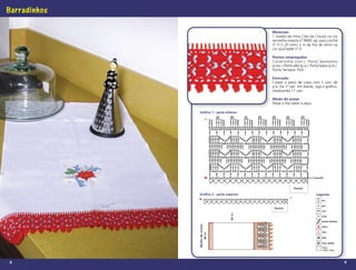 Barradinhos

                                              Materiais
                                              1 novelo de linha Cléa da Círculo na cor
                                              vermelha mescla nº 9840; ag. para crochê
                                              nº 3 (1,25 mm); 2 m de ﬁta de cetim na
                                              cor azul bebê nº 0.

                                              Pontos empregados
                                              Correntinha (corr.). Ponto baixíssimo
                                              (p.bx.). Ponto alto (p.a.). Ponto baixo (p.b.).
                                              Ponto fantasia. Picô.

                                              Execução
                                              Caseie o pano de copa com 1 carr. de
                                              p.b. Da 1ª carr. em diante, siga o gráﬁco,
                                              totalizando 11 carr.

                                              Modo de armar
                                              Passe a ﬁta sobre a peça.

                Gráfico 1 - parte inferior




                                                                           Caseado


                                                             Repete

                Gráfico 2 - parte superior                                   Legenda
                                                                                 p.a

                                                                                 p.b.
                                               Repete
                                                                                 corr.




                                      66 cm
                                                                                 p.bx.

                                                                                 ponto fantasia
              Modo de armar




                                                                                 início

                                                                                 rem.
                              48 cm




                                                                                 picô

                                                                                 4 p.a. juntos
                                                                                 1 p.a.,
                                                                                 1 corr., 1 p.a.




8                                                                                                  9
 